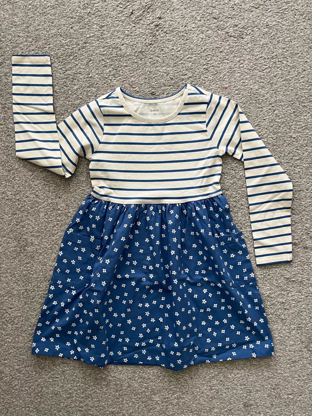 NWOT Quince Organic Cotton Blue and White Striped Floral Kids Dress Size 5T
